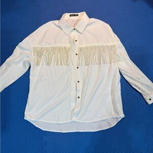 SHEIN White Button Down Shirt with Fringe Detail